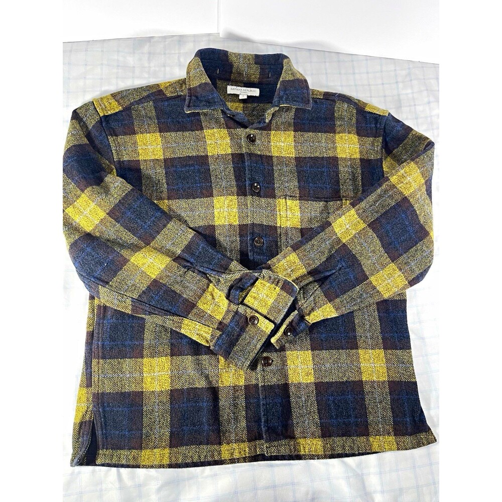 Banana Republic Mens Flannel Plaid Button Down Shirt Small S Yellow Blue Herring